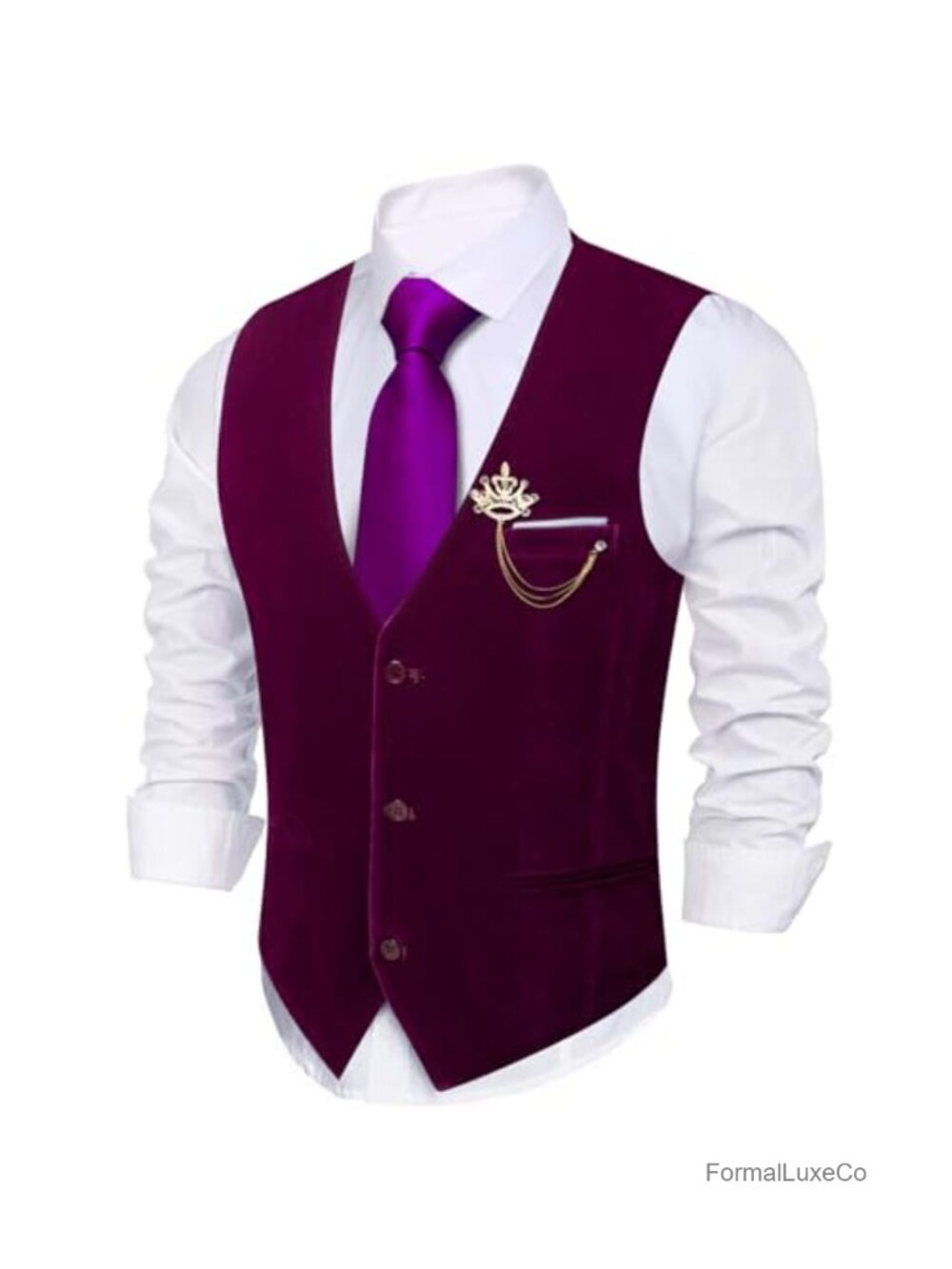 Mens Velvet Suit Vest & Gold Brooch 2PC Set Wedding Party Formal Waistcoat